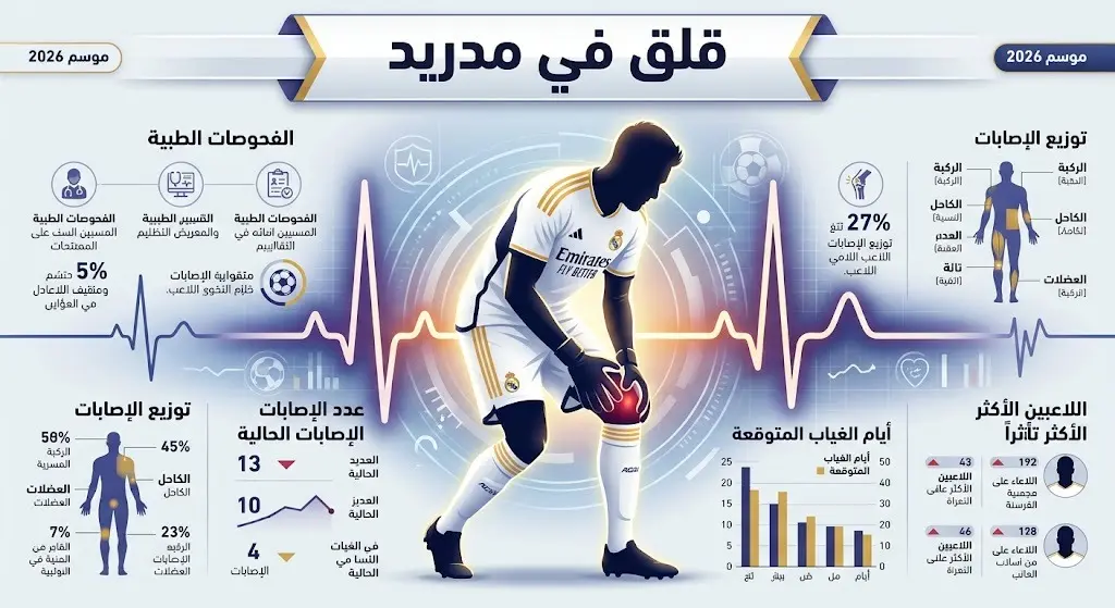 تصميم بياني يوضح المخاوف الطبية في نادي ريال مدريد بعد إصابة حارسه