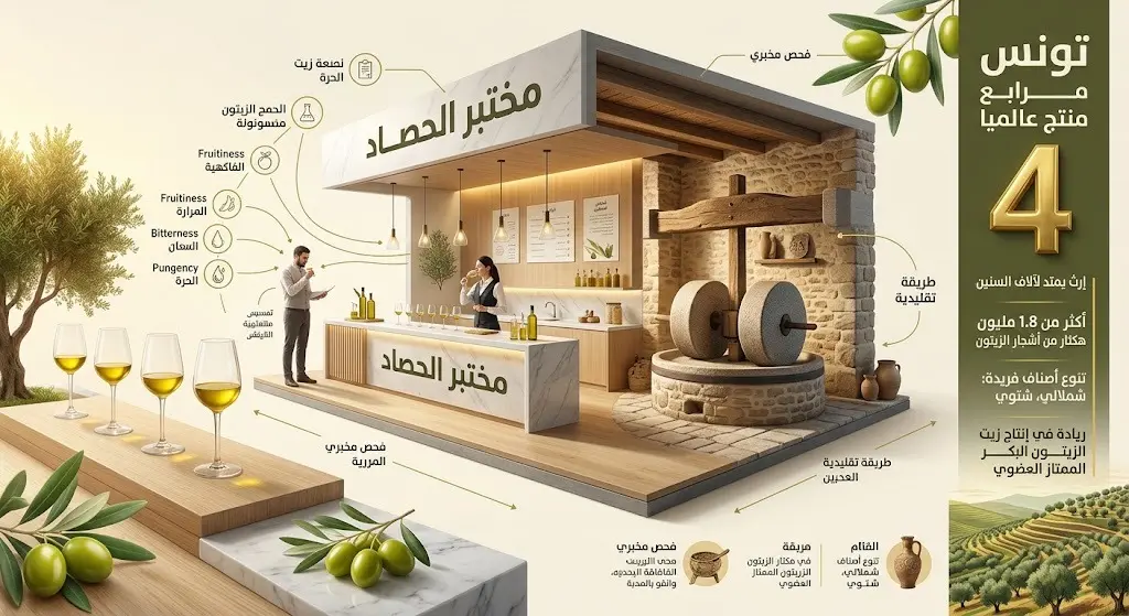 إنفوجرافيك فني يصور معصرة زيتون تقليدية تندمج مع حانة تذوق حديثة، مع إبراز مكانة تونس كرابع منتج لزيت الزيتون عالمياً.
