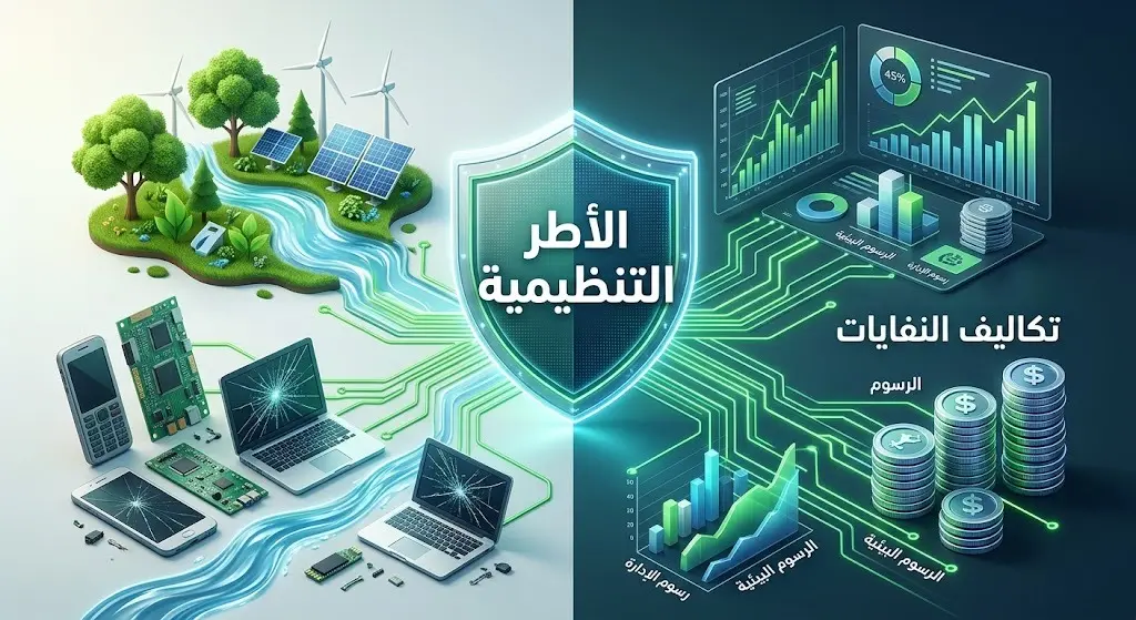صورة تعبيرية وإنفوجرافيك يوضح الأطر التنظيمية لإدارة النفايات الإلكترونية وتكاليفها مع رموز للتقنية والبيئة.