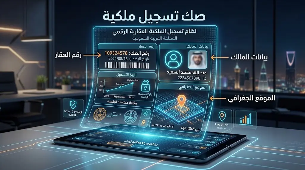 تصميم رقمي مستقبلي لصك ملكية عقارية يبرز محتويات الوثيقة الجديدة مثل رقم العقار، بيانات المالك، والموقع الجغرافي بدقة واحترافية.