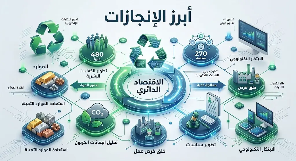 إنفوجرافيك يستعرض أبرز إنجازات مبادرة النفايات الإلكترونية، يتضمن أرقاماً عن المنظمات والخبراء المشاركين ورموزاً للاقتصاد الدائري.