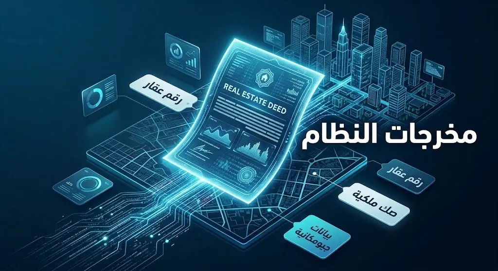 رسم تعبيري ثلاثي الأبعاد يجسد مخرجات التسجيل العيني للعقار، مبيناً إصدار رقم عقار وصك ملكية مرتبط ببيانات جيومكانية.