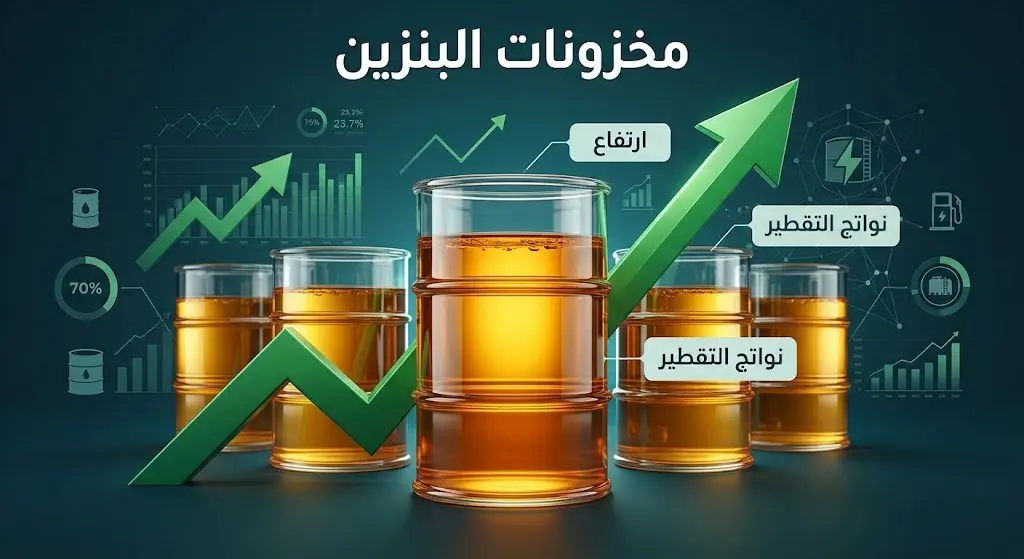 تصميم مرئي يعرض ارتفاعاً مفاجئاً في مخزونات البنزين ونواتج التقطير من خلال براميل شفافة مضيئة وأسهم خضراء صاعدة.