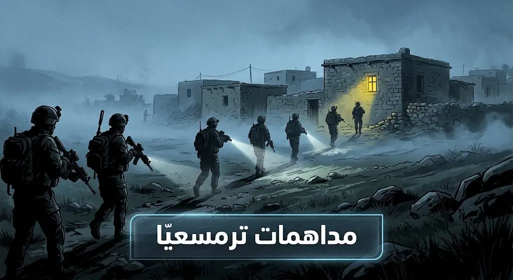 مشهد درامي يصور جنوداً ينفذون عملية مداهمة وتفتيش لأحد المنازل في بلدة ترمسعيا وقت الفجر تحت إضاءة تكتيكية كاشفة