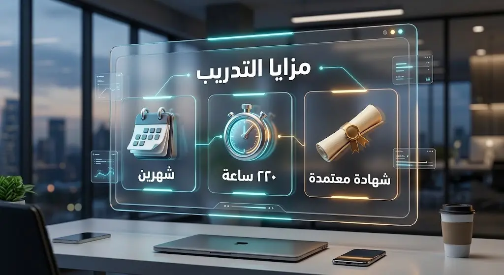 بطاقة معلومات مرئية تبرز مدة البرامج التدريبية المقدرة بشهرين وتتضمن 220 ساعة مع شهادة معتمدة.
