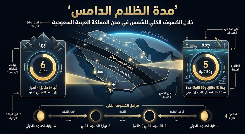 إنفوجرافيك يوضح مدة الظلام الدامس المتوقعة خلال الكسوف الكلي للشمس في مدينتي أبها وجدة بالسعودية.