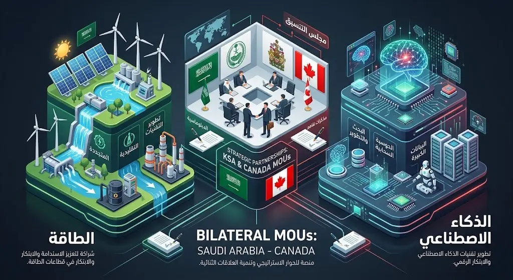 إنفوجرافيك احترافي يوضح مجالات مذكرات التفاهم الثلاث بين السعودية وكندا، وتشمل قطاع الطاقة، ومجلس التنسيق المشترك، وتقنيات الذكاء الاصطناعي، بتصميم حديث يدمج أيقونات معبرة.