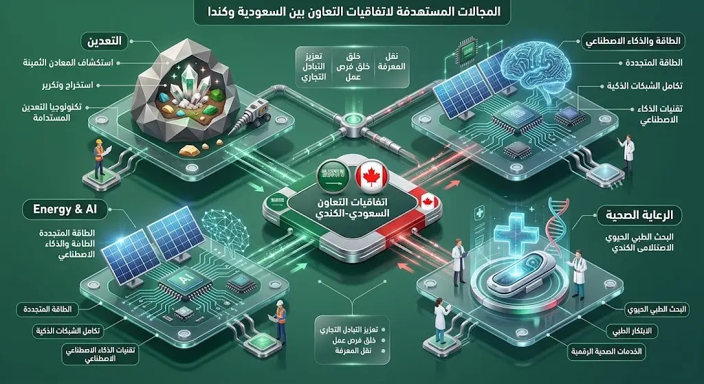 إنفوجرافيك ثلاثي الأبعاد يستعرض القطاعات الاستراتيجية المستهدفة في مذكرات التفاهم السعودية الكندية مثل التعدين، الذكاء الاصطناعي، والطاقة