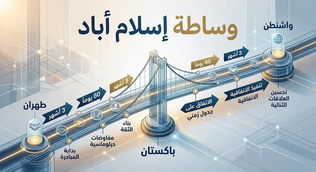 إنفوجرافيك يوضح مسار وساطة باكستان الممتدة لثلاثة أشهر بين واشنطن وطهران، والمسار التفاوضي المحدد بـ 60 يوماً.