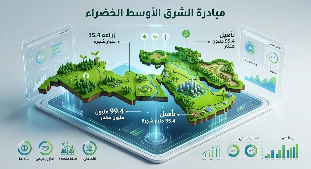 إنفوجرافيك ثلاثي الأبعاد يستعرض أهداف مبادرة الشرق الأوسط الخضراء المتمثلة في زراعة 35.4 مليار شجرة وإعادة تأهيل 99.4 مليون هكتار من الأراضي المتدهورة.