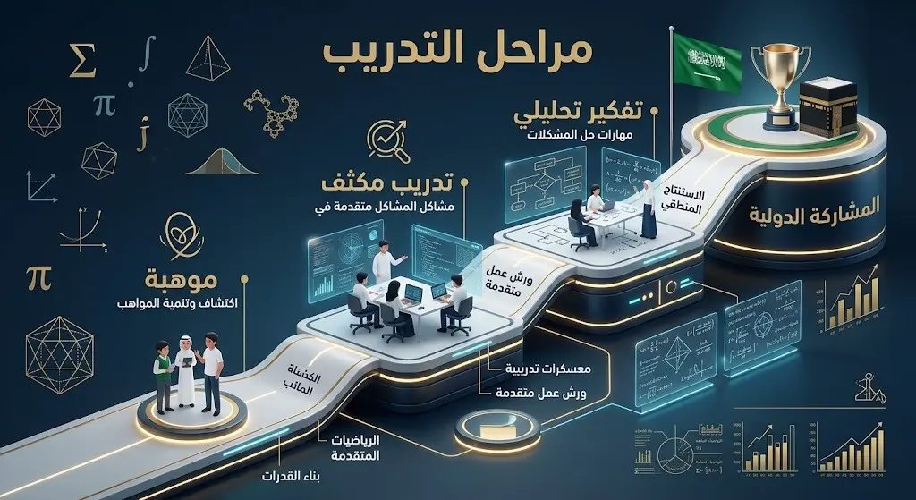تصميم بصري إبداعي يوضح مراحل إعداد المنتخب السعودي للرياضيات، يظهر مساراً تصاعدياً تتخلله رموز رياضية وكلمات توضيحية لبرامج التدريب المكثفة.