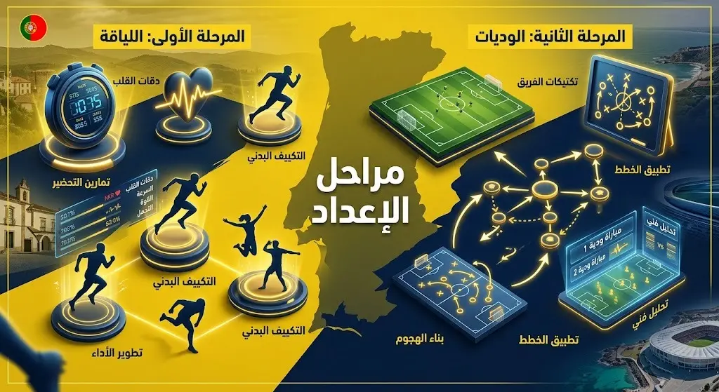 إنفوجرافيك احترافي يوضح مراحل الإعداد البدني والفني لمعسكر الفريق، مقسماً إلى مرحلة رفع اللياقة ومرحلة المباريات الودية التجريبية.
