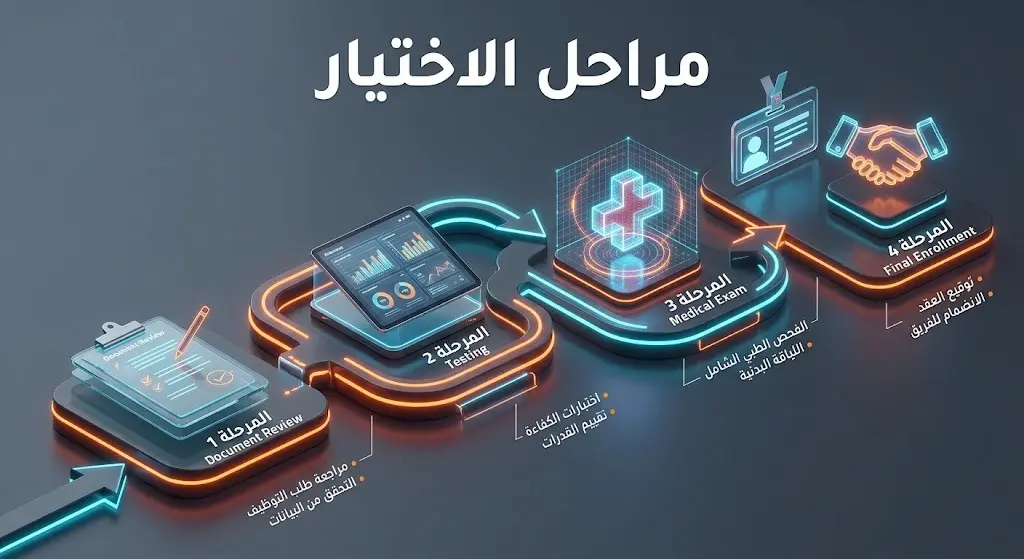 تصميم تسلسلي يوضح المراحل الأربع لاختيار المتقدمين لبرنامج الإطفاء، بدءاً من الفرز وصولاً إلى الفحص الطبي والقبول.