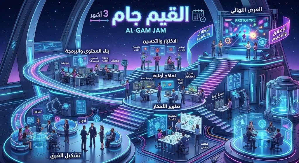 تصميم مرئي يوضح مراحل رحلة فعالية القيم جام الممتدة لثلاثة أشهر، بدءاً من تشكيل الفرق وحتى بناء نماذج ألعاب أولية.