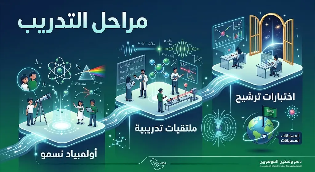 إنفوجرافيك يوضح المراحل الثلاث لتدريب وترشيح الطلبة لتمثيل المملكة في أولمبياد الفيزياء، بدءاً من أولمبياد نسمو وصولاً للاختبارات الشاملة.