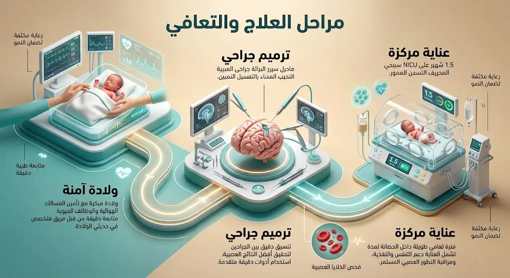 تصميم تسلسلي يستعرض مراحل علاج الخديج بدءاً من الولادة وإجراء الجراحات المعقدة وصولاً إلى التعافي في العناية المركزة.