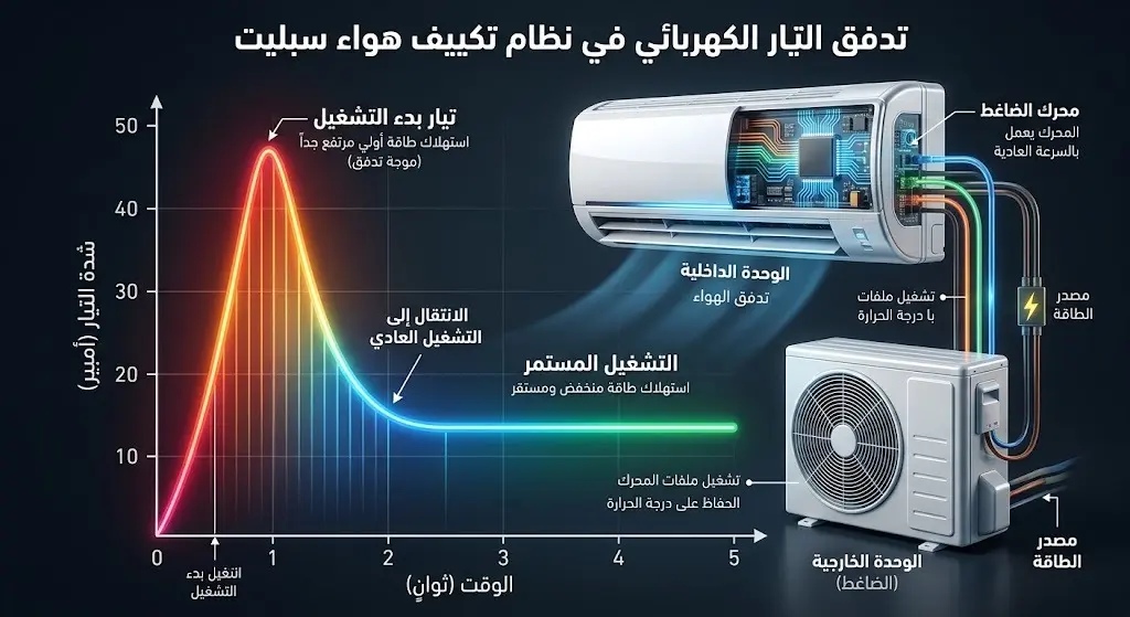 إنفوجرافيك يوضح مراحل سحب المكيف للطاقة الكهربائية منذ لحظة الإقلاع وحتى مرحلة الاستقرار والتشغيل المستمر.
