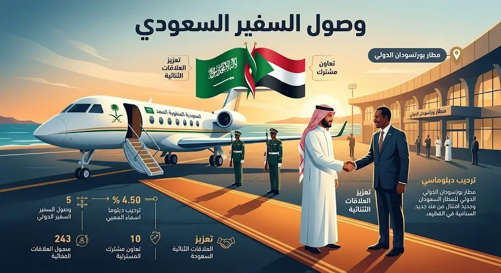 تصميم بصري يجسد مراسم الاستقبال الدبلوماسي للسفير السعودي الجديد في مطار بورتسودان مع أعلام المملكة والسودان