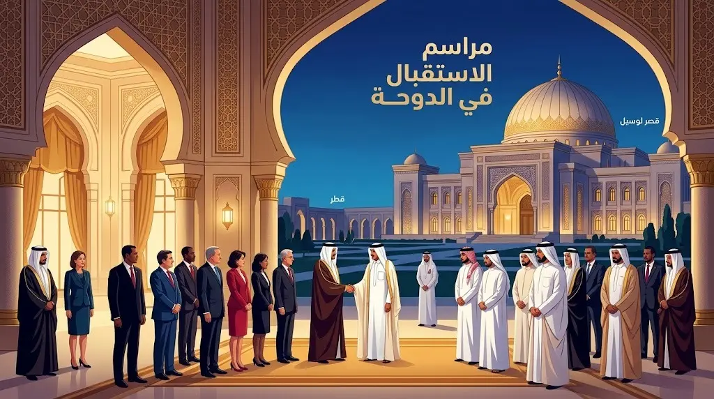 تصميم فني يجسد مراسم الاستقبال الدبلوماسية في قصر لوسيل بالعاصمة القطرية الدوحة، مع نصوص عربية توضيحية.