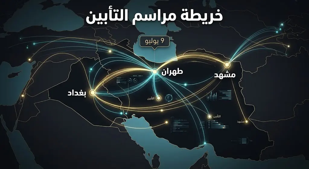 إنفوجرافيك خرائطي يوضح مسار الوفود الدبلوماسية ومواقع مراسم التأبين بين طهران ومشهد والجهود في بغداد.