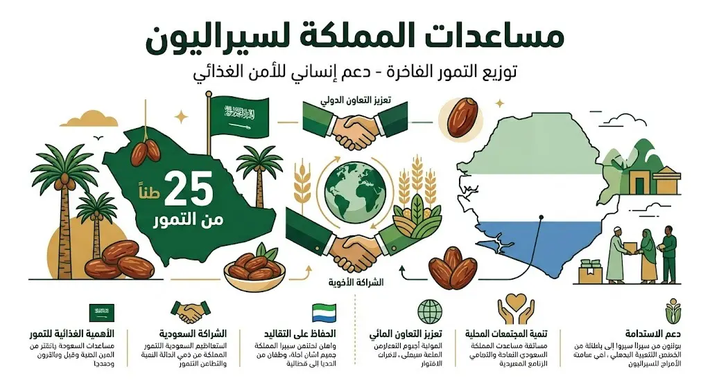 إنفوجرافيك يعرض تفاصيل تسليم شحنة 25 طناً من التمور كهدية من المملكة العربية السعودية لجمهورية سيراليون في العاصمة فريتاون.