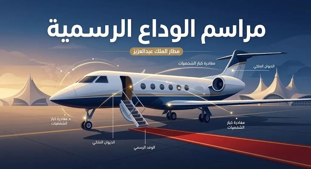 تصميم تعبيري يجسد مراسم الوداع الرسمية للرئيس الجامبي في مطار الملك عبدالعزيز الدولي بجدة.