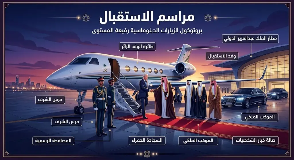 بطاقة معلومات بصرية تفصل مراسم الاستقبال الرسمي في مطار الملك عبدالعزيز الدولي بجدة