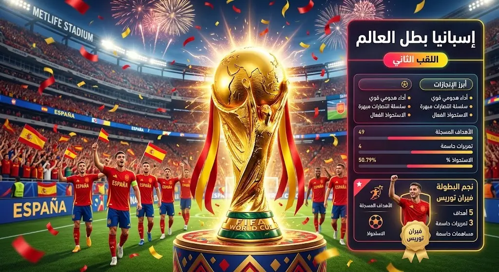 تصميم إبداعي يجسد لحظة تتويج المنتخب الإسباني بكأس العالم 2026 مع بيانات لأبرز أحداث النهائي