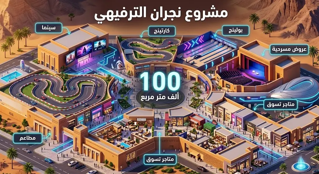 إنفوجرافيك ثلاثي الأبعاد يستعرض مناطق الجذب والمرافق الترفيهية لمشروع نجران الجديد بأسلوب عصري يدمج التراث
