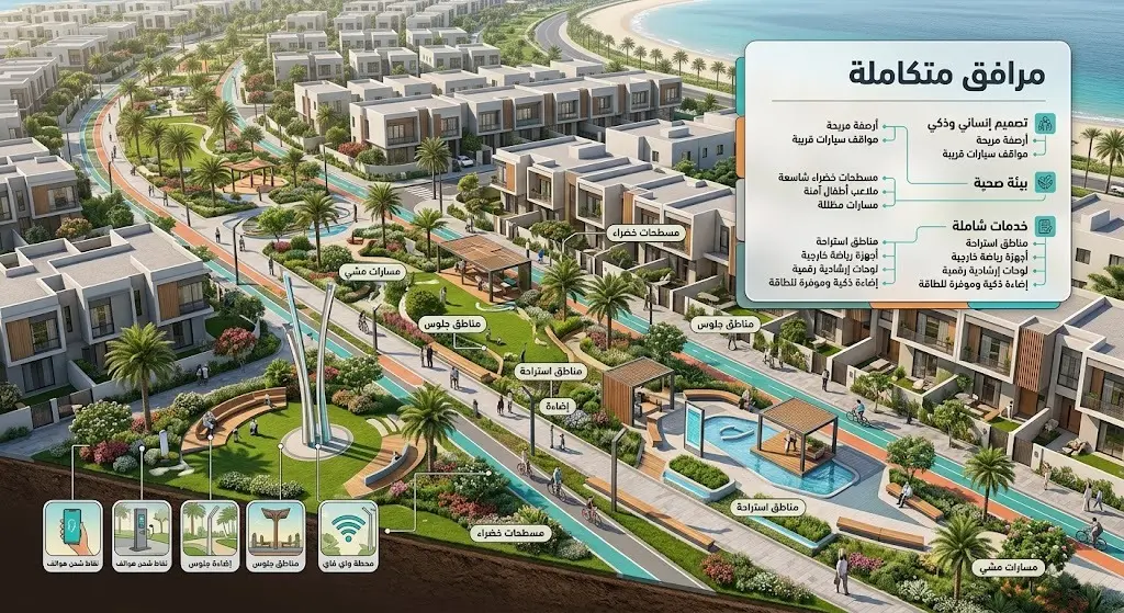 تصميم بصري يعرض مسارات المشي الحديثة والمسطحات الخضراء المجهزة في جدة مع نصوص توضيحية.