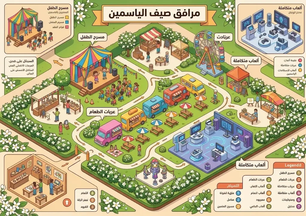 إنفوجرافيك وتصميم إبداعي يوضح خريطة مرافق مهرجان صيف الياسمين التي تشمل مسرح الطفل وعربات الطعام ومنطقة الألعاب.