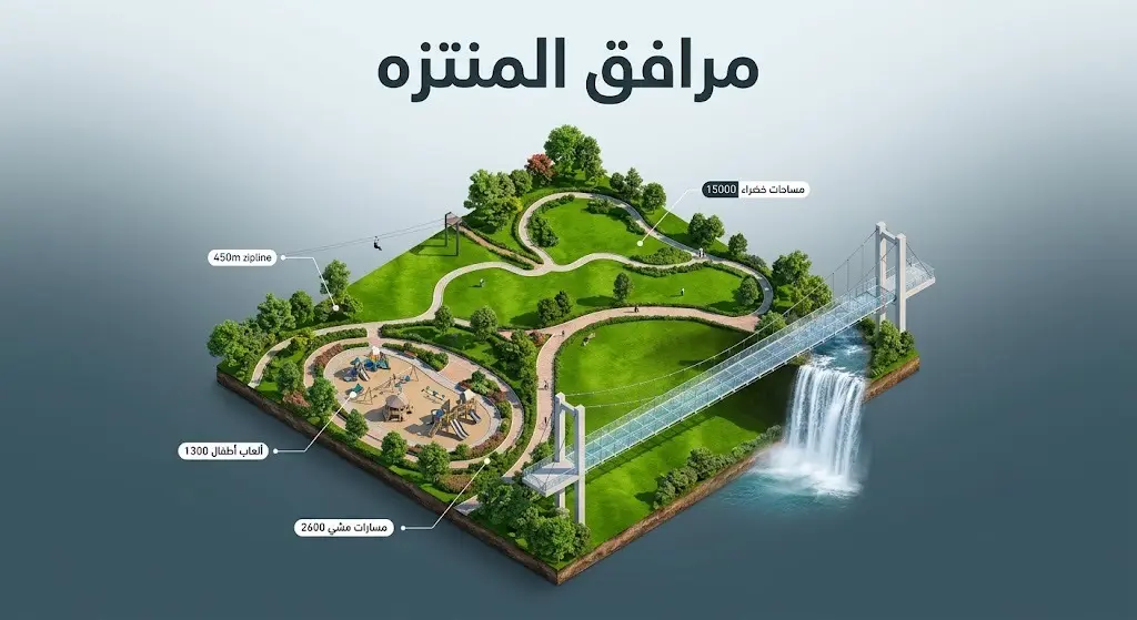 إنفوجرافيك بياني يوضح بالأرقام مساحات ومرافق منتزه الأمير مشاري في الباحة، وتوزيع المساحات الخضراء ومسارات المشي.