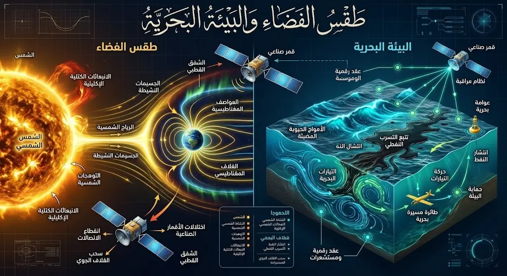 تصميم بصري يدمج بين تقنيات مراقبة طقس الفضاء وتأثيرات النشاط الشمسي، ومراقبة البيئة البحرية وحركتها