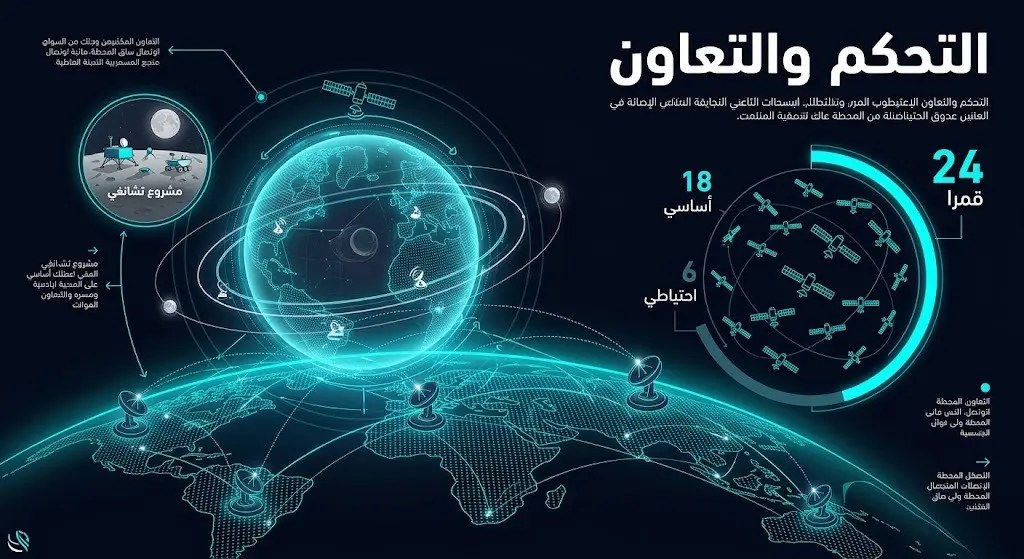تصميم بصري لشبكة مراكز التحكم الأرضية الموزعة مع إبراز تفاصيل منظومة الأقمار الصناعية ومشاريع التعاون لاستكشاف القمر.