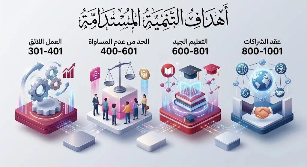 إنفوجرافيك يوضح تصنيفات جامعة الباحة في أهداف التنمية المستدامة للأمم المتحدة، حيث يبرز مراتب الجامعة في مجالات العمل اللائق، الحد من عدم المساواة، التعليم الجيد، وعقد الشراكات.