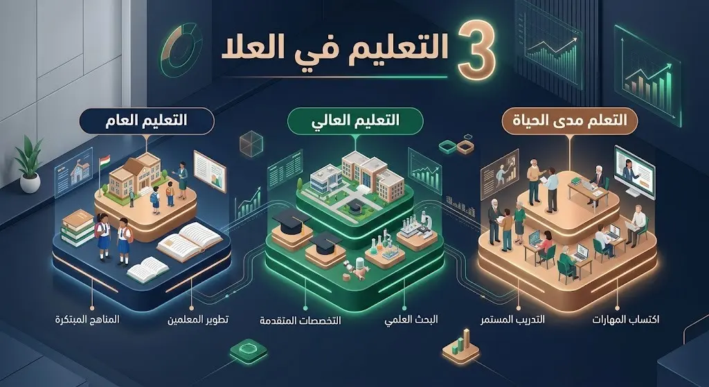 إنفوجرافيك ثلاثي الأبعاد يوضح المرتكزات الثلاثة لإستراتيجية التعليم في محافظة العلا