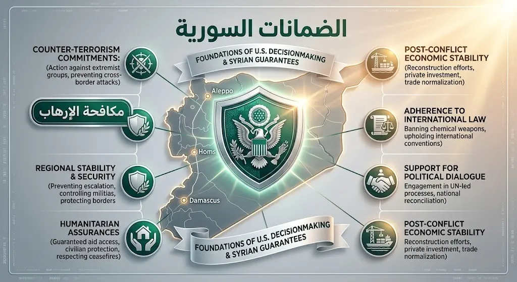 تصميم تعبيري يبرز الضمانات السورية والتزامها بمكافحة الإرهاب كمرتكز أساسي للقرار الأمريكي لتعزيز الاستقرار.