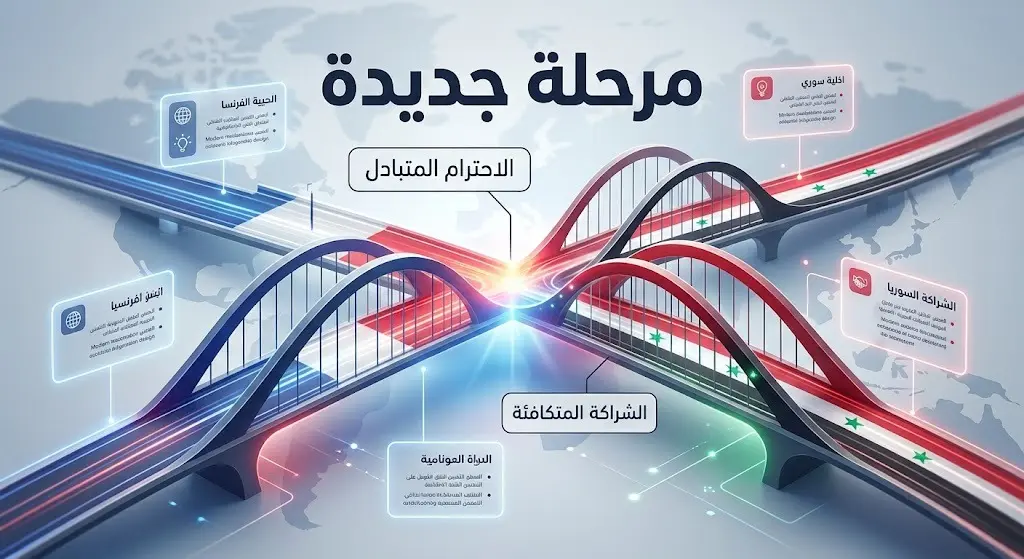 إنفوجرافيك يوضح محددات المرحلة الجديدة في العلاقات السورية الفرنسية، وتتضمن الاحترام المتبادل والشراكة المتكافئة.
