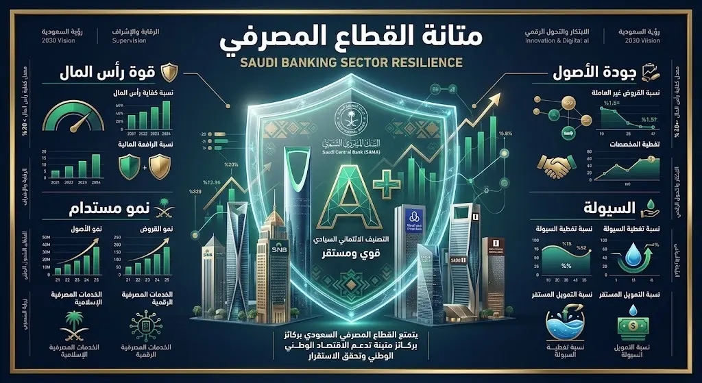 تصميم فني يبرز قوة القطاع المصرفي السعودي ومرونته الاقتصادية من خلال درع مضيء يحمي مباني مالية حديثة مع مؤشرات نمو تصاعدية.