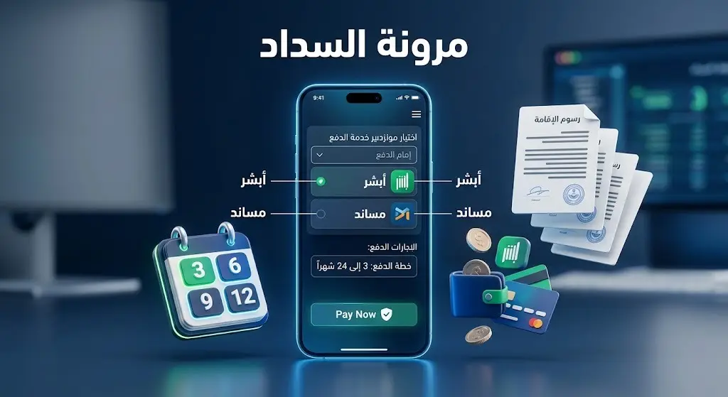 إنفوجرافيك ثلاثي الأبعاد يوضح خيارات مرونة سداد رسوم إقامة العمالة المنزلية بشكل ربع سنوي عبر منصتي أبشر ومساند