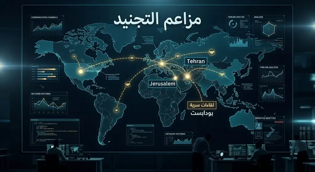 خريطة مفاهيمية وتقنية توضح مزاعم التجنيد واللقاءات السرية الخارجية ومساراتها