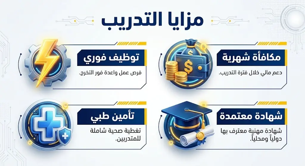 إنفوجرافيك احترافي يستعرض مزايا برنامج الدبلوم في التقنيات الكهربائية، متضمناً التوظيف الفوري والمكافأة الشهرية.