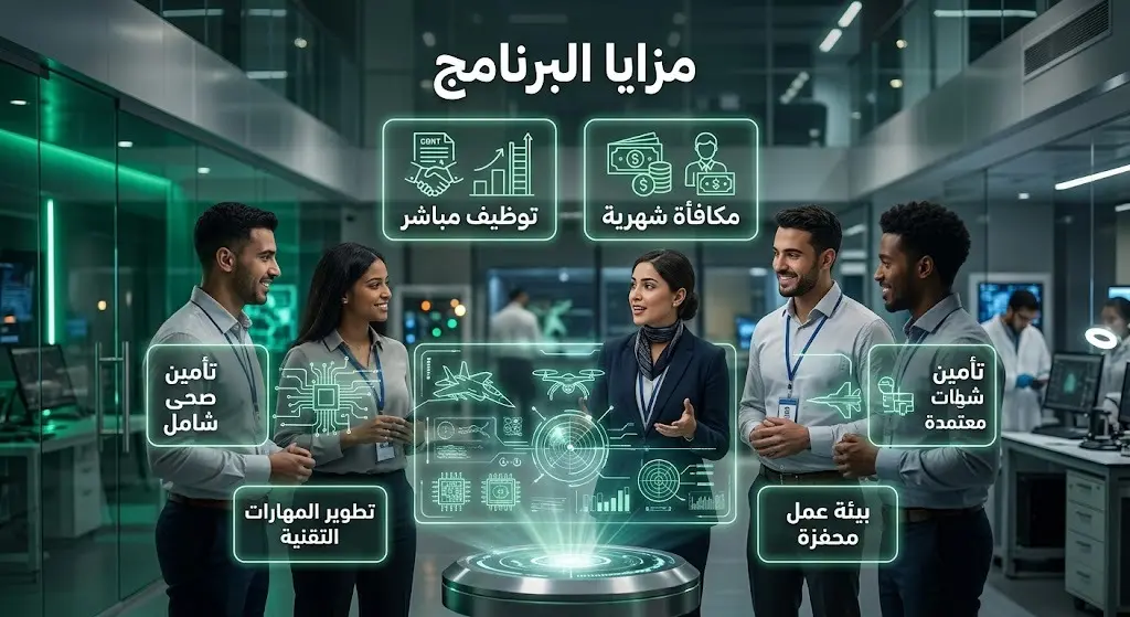 تصميم مرئي إبداعي يبرز مزايا التدريب في قطاع الصناعات العسكرية مثل التوظيف المباشر والمكافآت وتوطين المعرفة مع رموز تقنية.