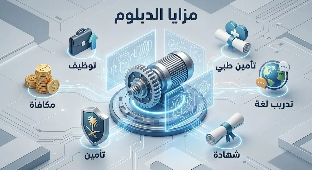 إنفوجرافيك ثلاثي الأبعاد يستعرض مزايا دبلوم الإلكتروميكانيكا للمتدربين بما في ذلك التوظيف الفوري والمكافأة والتأمين.