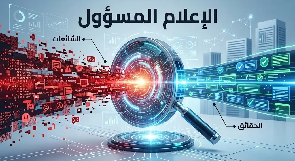رسم تعبيري وإنفوجرافيك يوضح دور الإعلام المسؤول في فلترة الشائعات وتسليط الضوء على الحقائق لدعم الروابط الثنائية.