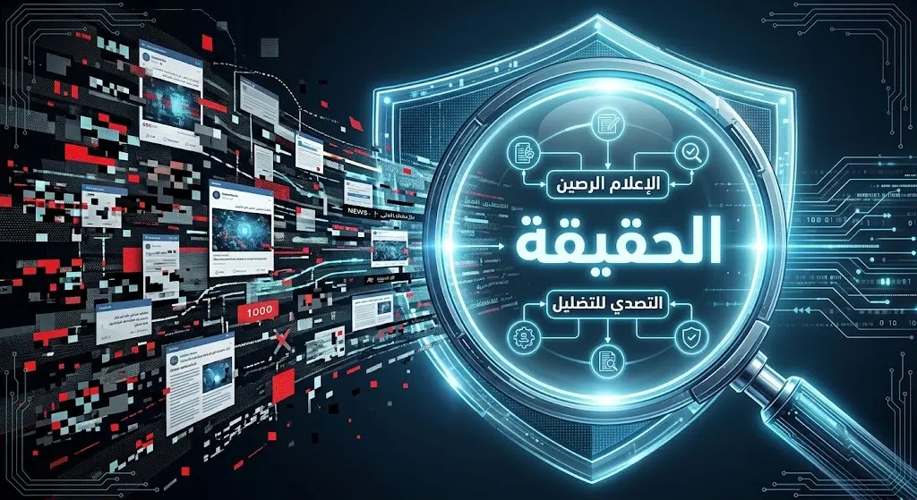 تصميم مفاهيمي يعرض درعاً رقمياً أو عدسة مكبرة تصفي المعلومات المضللة وتبرز الحقيقة، دلالة على دور الإعلام الرصين في مواجهة الشائعات.
