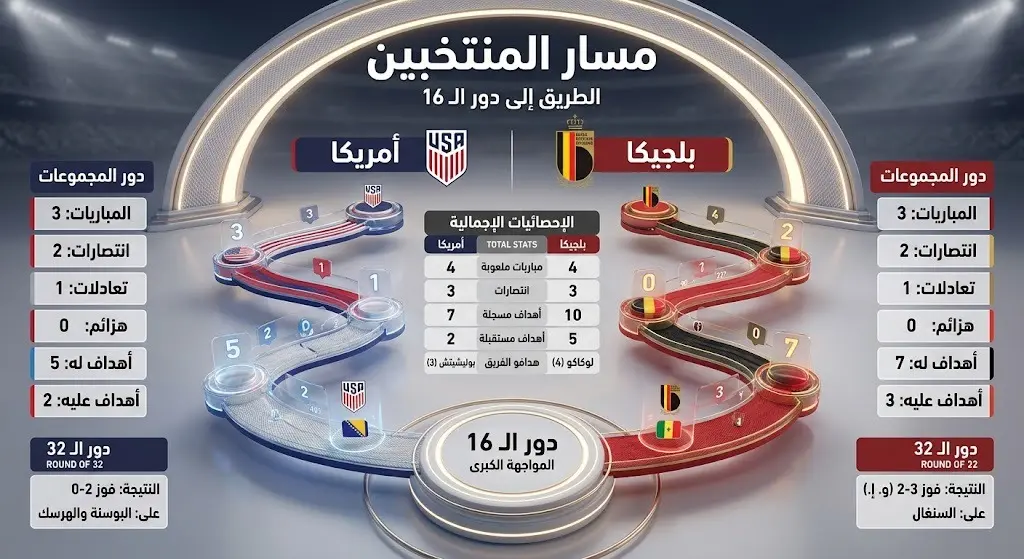 إنفوجرافيك يقارن بين مسار منتخبي أمريكا وبلجيكا ونتائجهما والأهداف قبل صدامهما في ثمن النهائي