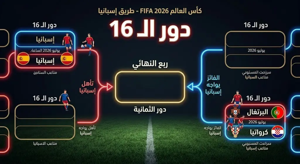 تصميم بصري يوضح مسار المنتخب الإسباني في دور الـ16 لكأس العالم وانتظاره للفائز من لقاء البرتغال وكرواتيا.