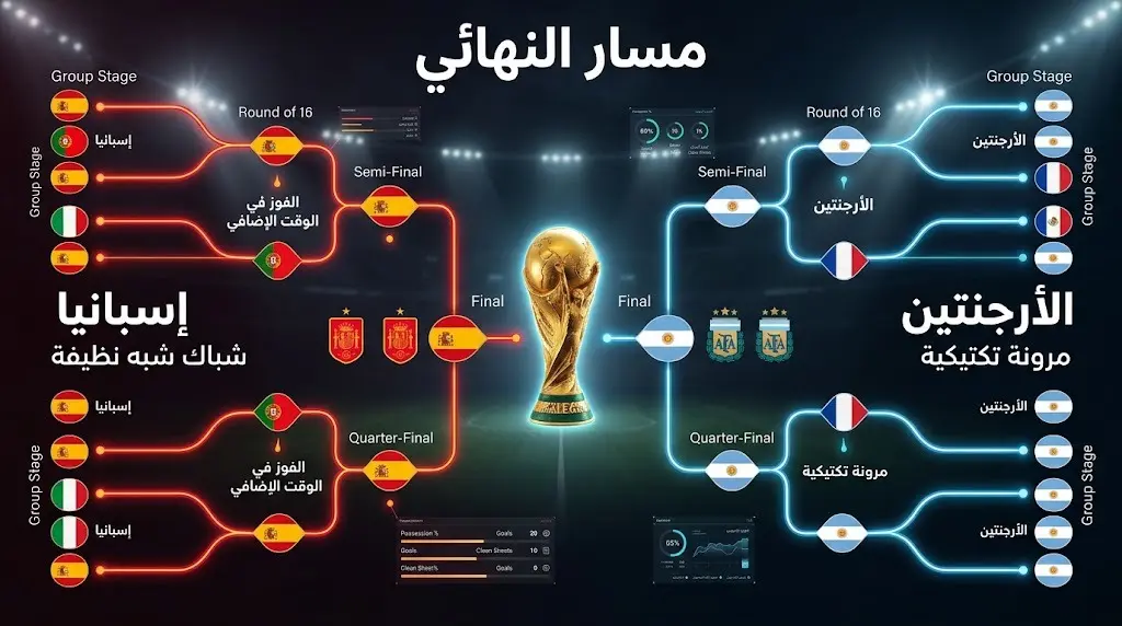 إنفوجرافيك يوضح مسار منتخبي إسبانيا والأرجنتين نحو نهائي كأس العالم 2026 وتفاصيل أداء كل فريق.