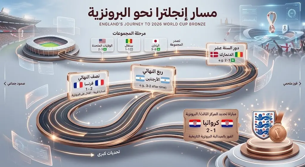 إنفوجرافيك زمني يستعرض مسار منتخب إنجلترا في مونديال 2026 بدءاً من دور المجموعات وحتى التتويج بالميدالية البرونزية.
